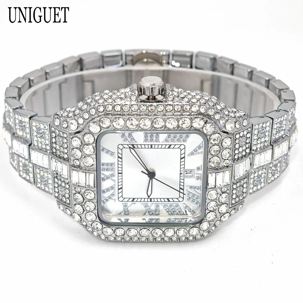 UNIGUET Square Watch For Men Fashion Iced Out Quartz Watches Man's Hip Hop Diamond Jewelry Wrist Watch Rock Boy Reloj Hombre
