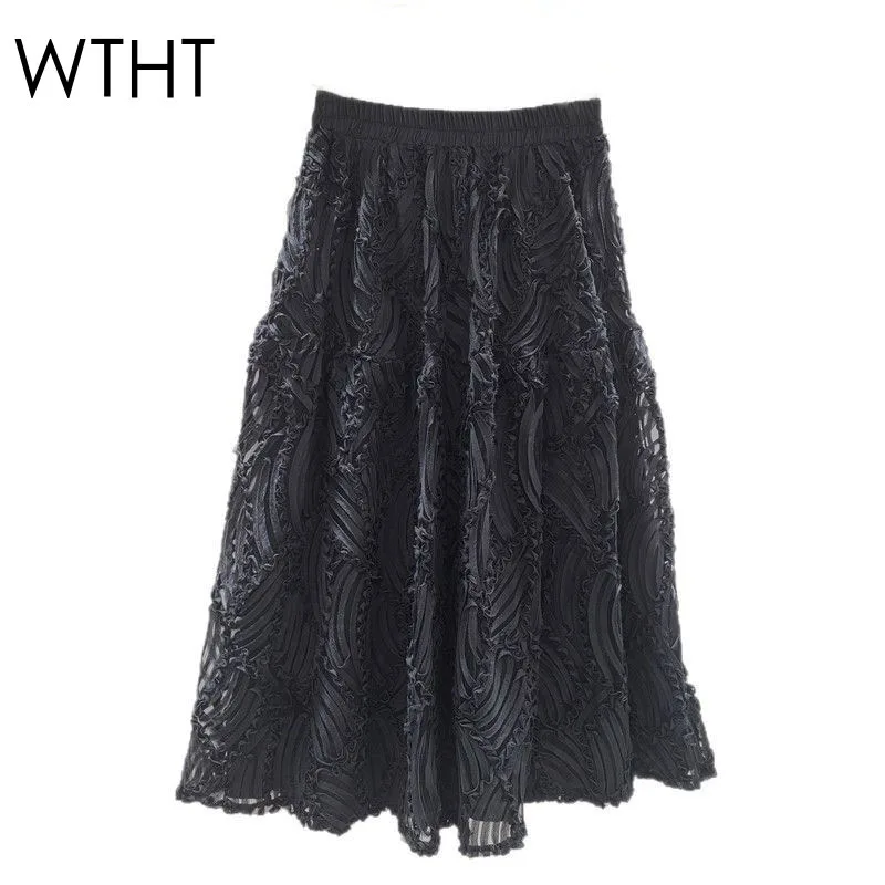 WTHT New Trendy 2025 Summer Women Spliced Gauze Hollow Out Long Skirt Fashion Elastic High Waist A-line Skirts Female 1LS1546