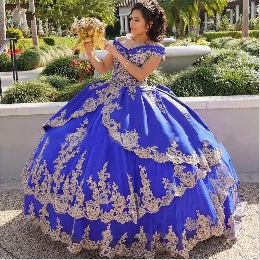 Meninas de 15 Anos Porno 2022 Royal Blue Gold Applique Quinceanera kleider Kleider Ballkleid Puffy Weg Von Der Schulter Für frauen