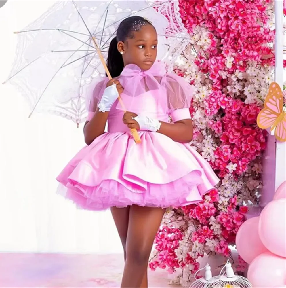 

Pink Ball Gown Flower Girl Dresses Customized Tulle Tiered Ruffles Children Birthday Party Gowns High Neck Kids Wedding Dress