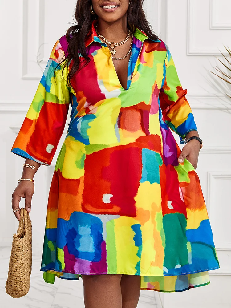 Plus Size Melting Colors All-over Print Flowy Shirt Dress