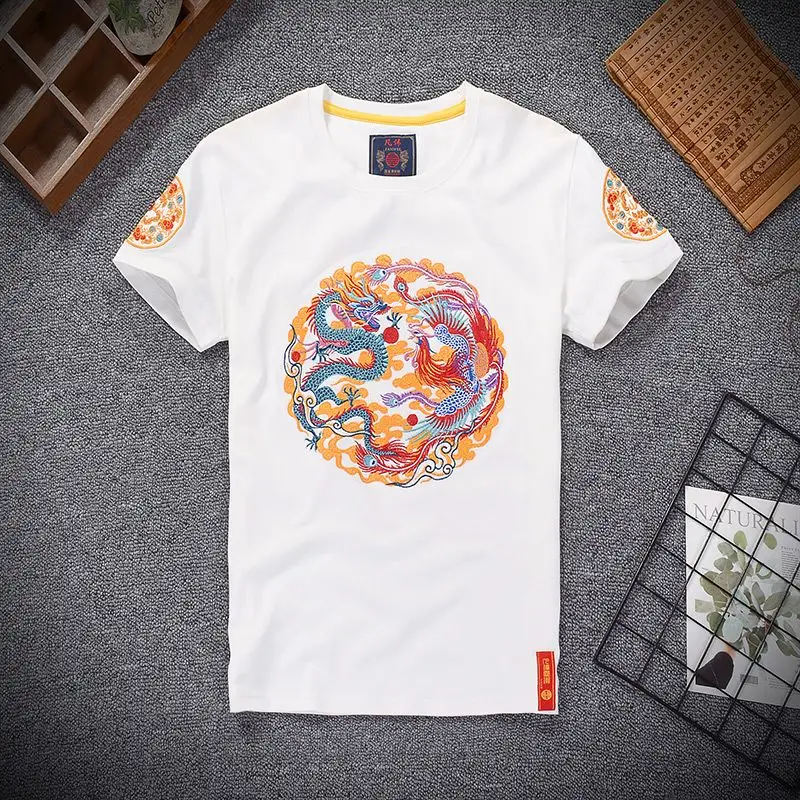 Summer Chinese Style Dragon and Phoenix Embroidered T-shirt Men's Short-sleeved Casual Retro Loose Pullover