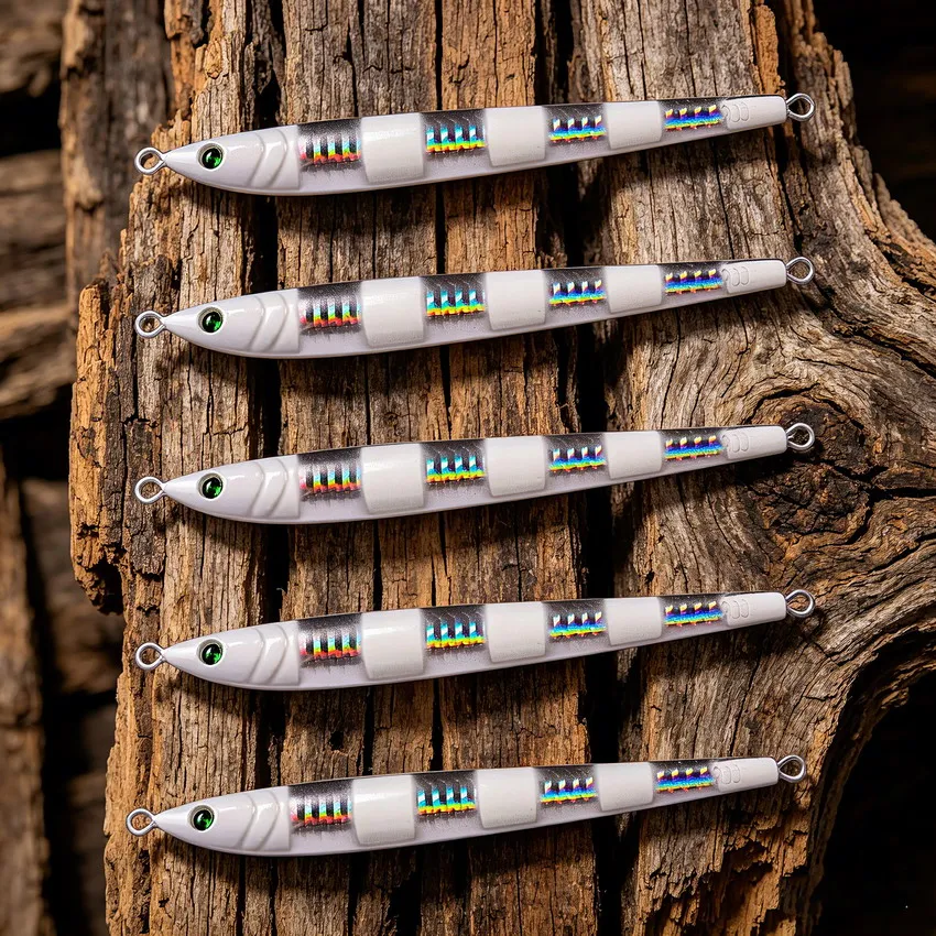 5 Stück langsam lange Metall-Jig-Angelköder, 17 g, 21 g, 28 g, 40 g, 60 g, gegossen, Jigging-Köder, künstlicher Shore-Fisch-Köder, Seebarsch-Angeln – Detail 5