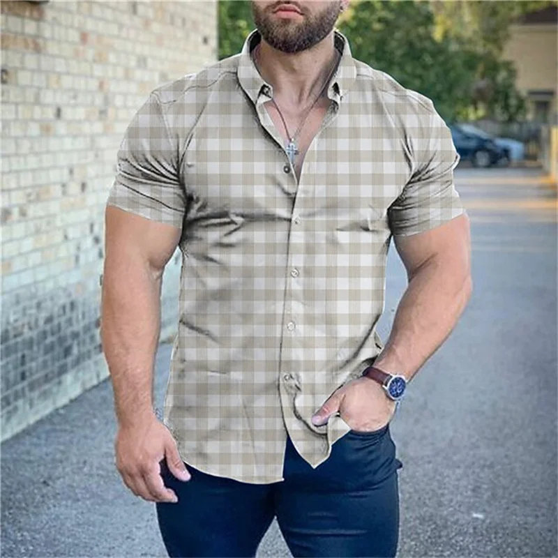 High-end men's shirt plaid 3D printing casual Hawaiian short-sleeved shirt fashion street high-quality shirt oversized shirt.