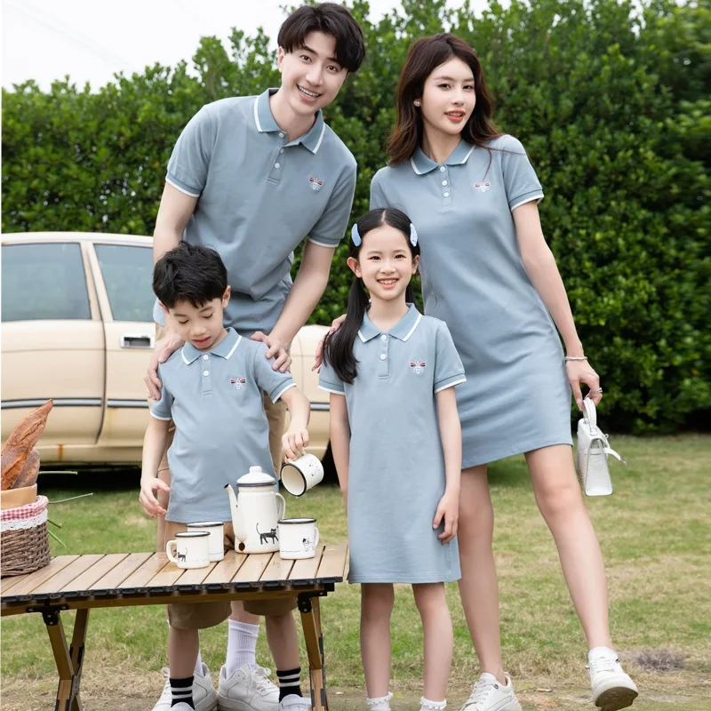Blue Family Matching Outfits Polo Shirt set Women Blouse Dress Couple Set Wear Tee Summer Holiday Mother's Day  Short Pants Gift