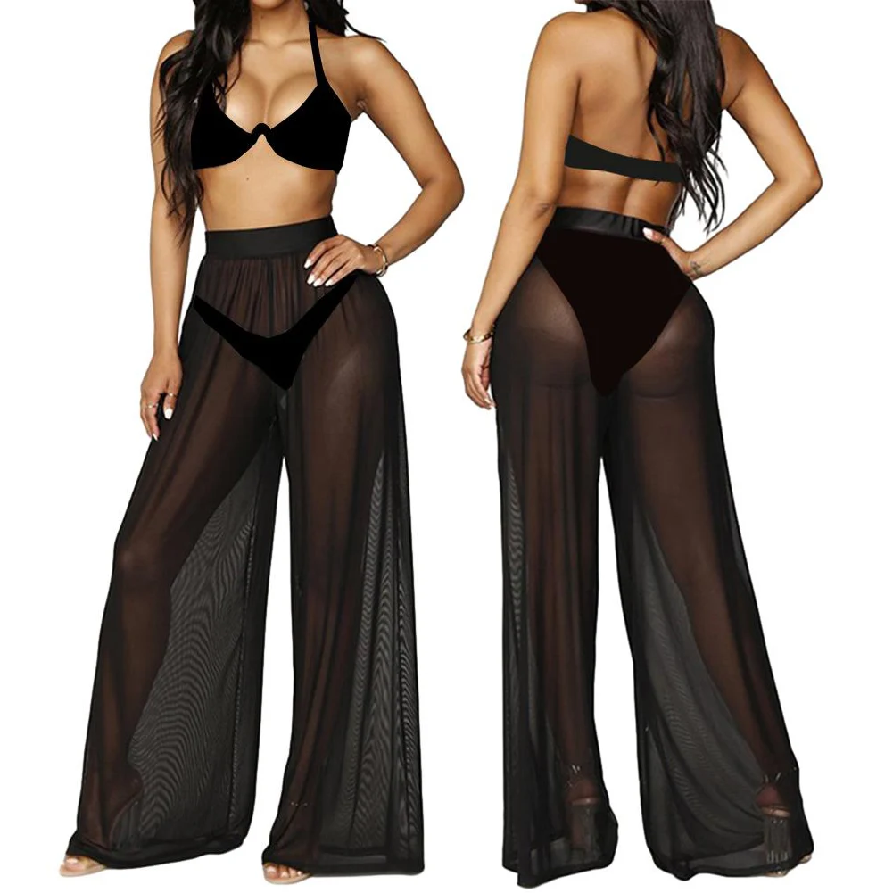 Pants Trousers Solid Color Transparent Women Beach Cover Up Dynamic Elastic Flare High Waist Leg Daily Durable