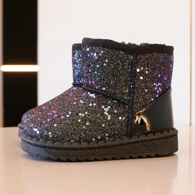 Girl Snow Boots 2024 Winter New Versatile Sequin Princess Cotton Shoe Girl Plush Warm Short Boot Girls Cotton Shoe Girls Boot