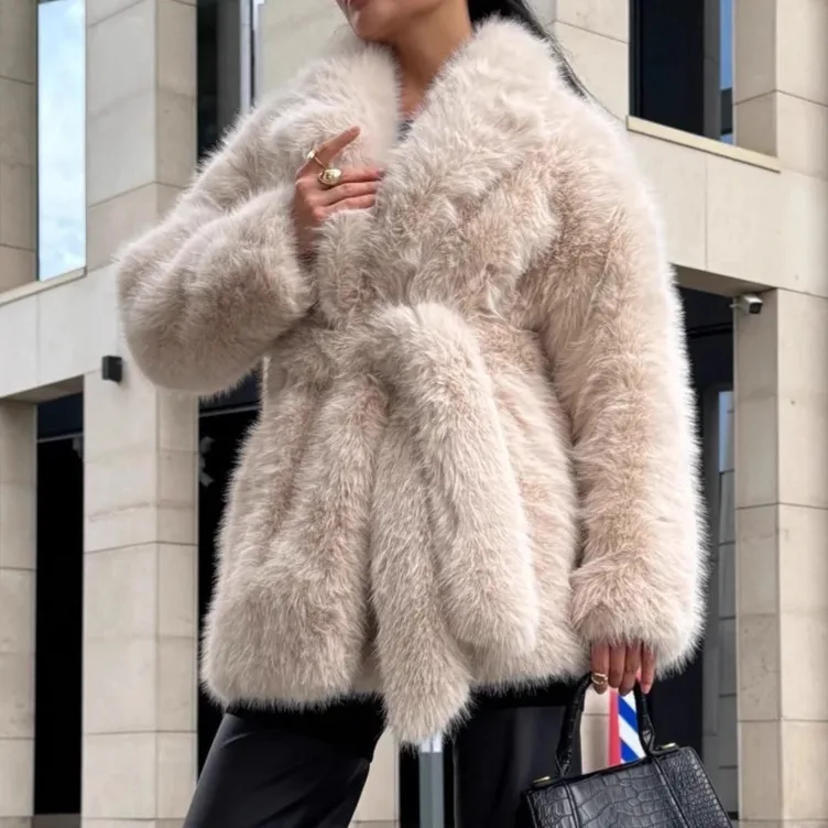 New Winter Faux Fur Coat Street Fashion Soft Smooth Fox Fur Jacket With Waist Belt Warm Thick Brand Luxury Plush Overcoat