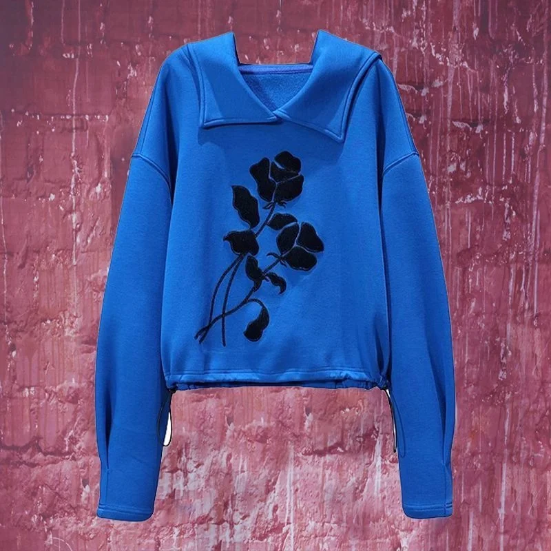 

Women's Blue Gothic Rose Embroidery Sweatshirt - Navy Collar Cropped Drawstring Top, Vintage Edgy Streetwear for Spring Autumn