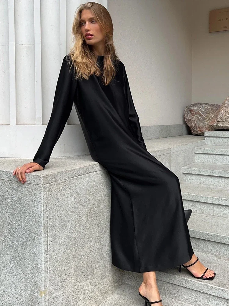 Women\'s Satin Black Dress Fashion Elegant Split Maxi Dress 2024 Spring Summer Long Sleeve Bottomless Dresses Long Dress