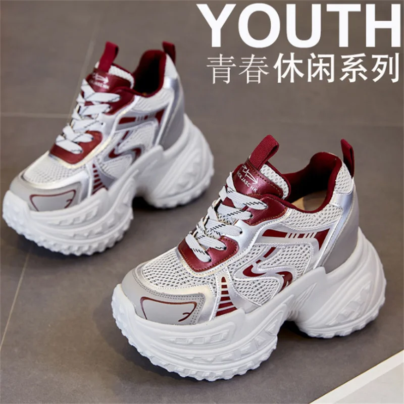 12cm Cow Genuine Leather Chunky Sneakers Vulcanized New Spring Autumn Breathable Hidden Heels Platform Wedge Walking Casual Shoe