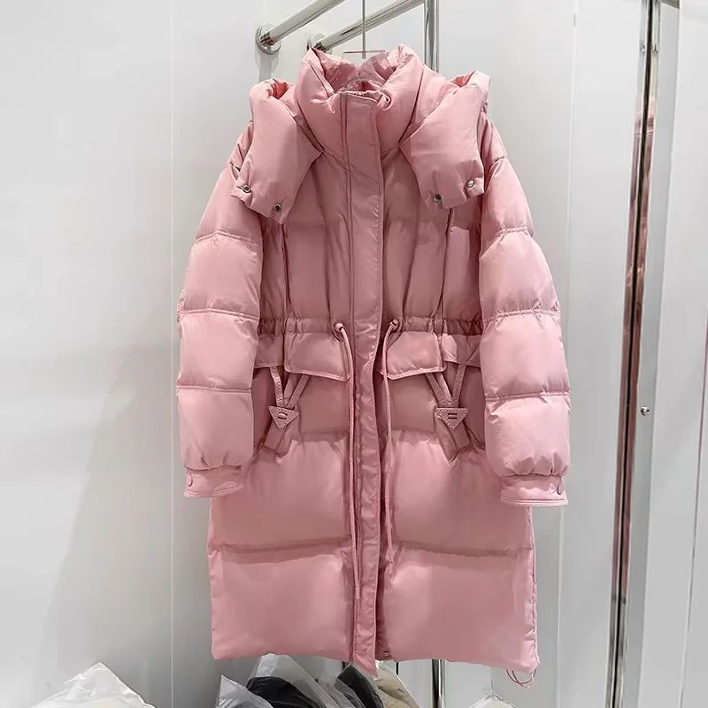 Parkas de pato branco longo para mulheres, jaqueta com capuz, leve, luxo, cintura, casacos quentes, moda coreana, inverno, 2024