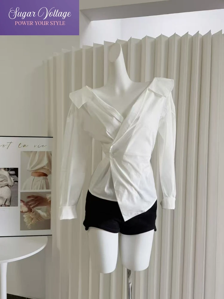 

Корейские популярные модные сексуальные милые топы для женщин с открытыми плечами, облегающая рубашка с отложным воротником и боковыми разрезами, повседневная офисная блузка