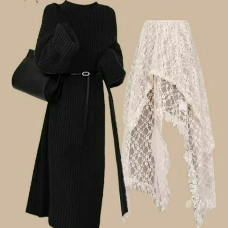 

Осень-зима женский корейский стиль 2026 новый стильный свитер в сочетании с нишевой кружевной юбкой комплект из двух предметов