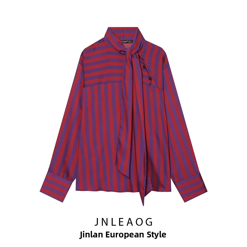 JNLEAOG Autumn New Women's Long Sleeve Stand Collar Double Button Stripe Knot Shirt Polyester Fiber 100% European S...
