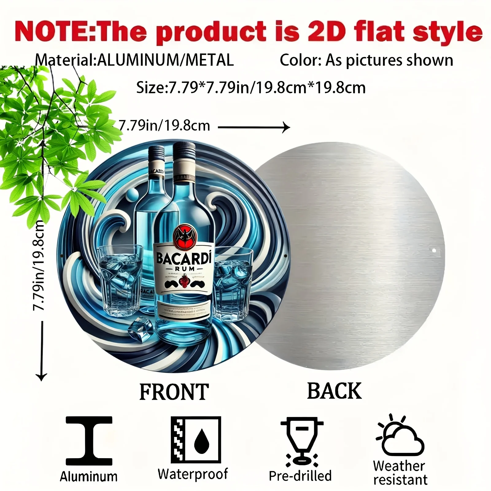 2D Flat, 2D Flat 1pc, Round 20x20cm(8x8inch) Bacardi Rum Vintage Metal Aluminum Sign Plaque, Retro Street Art Decor for Patio, G