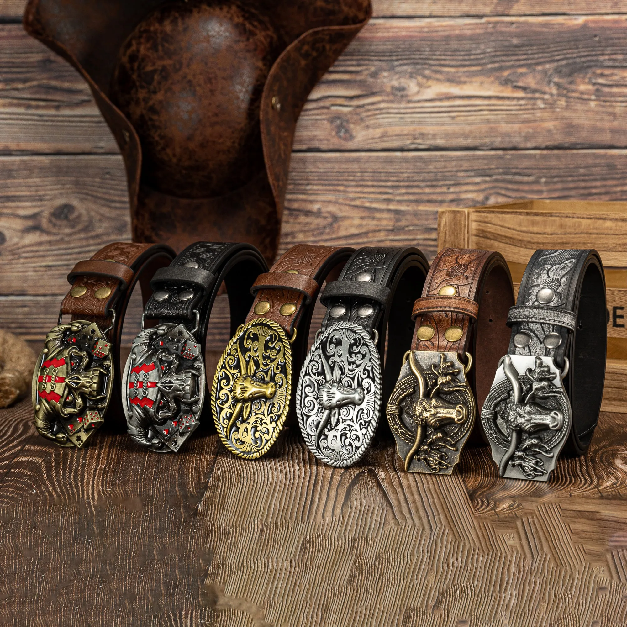 Bull Skull personality big plate buckle trend bull head window cut PU embossment to make old button belt