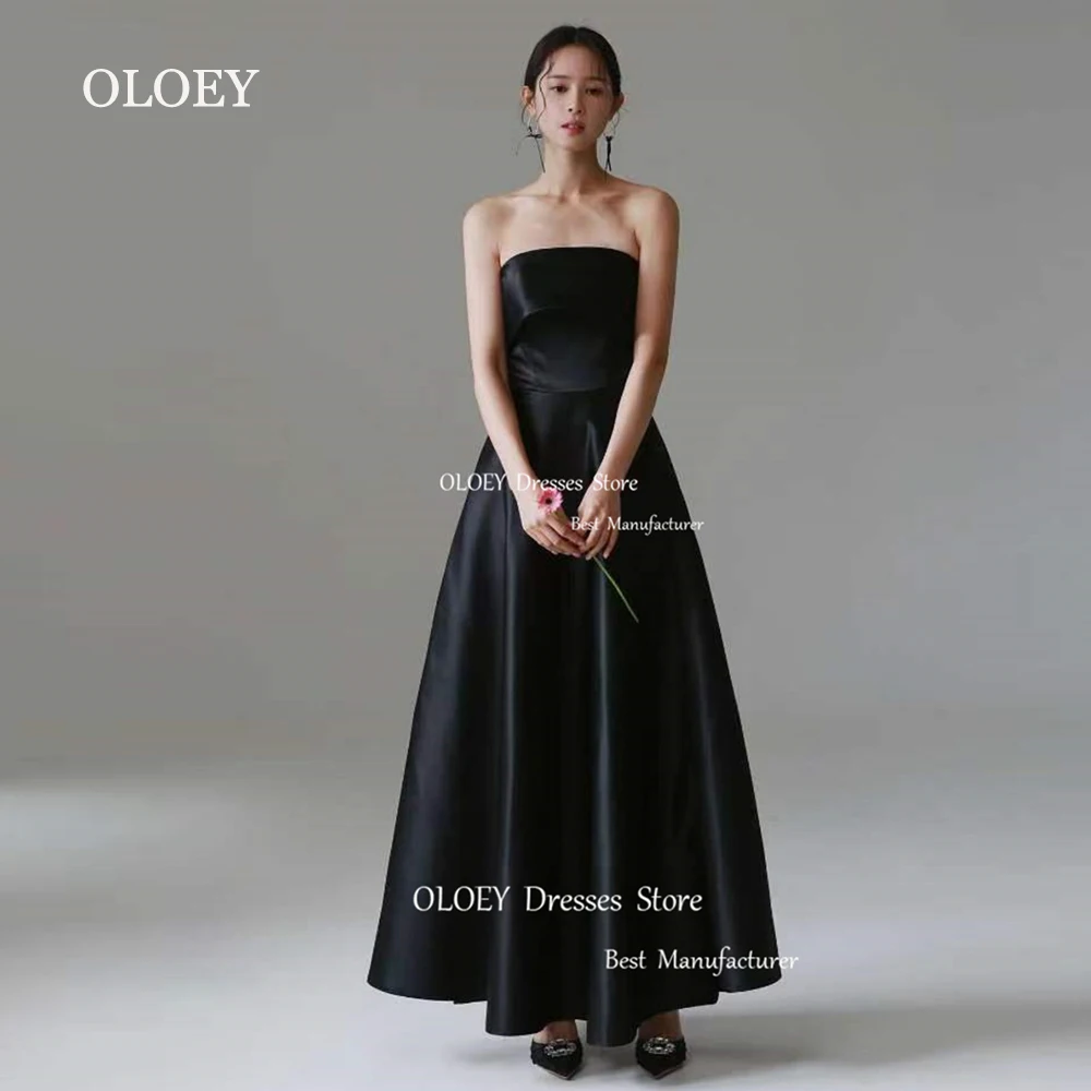 OLOEY Black Strapless A Line Wedding Dress Korea Photoshoot Pleats Satin Floor Length Formal Evening Gown Custom Made