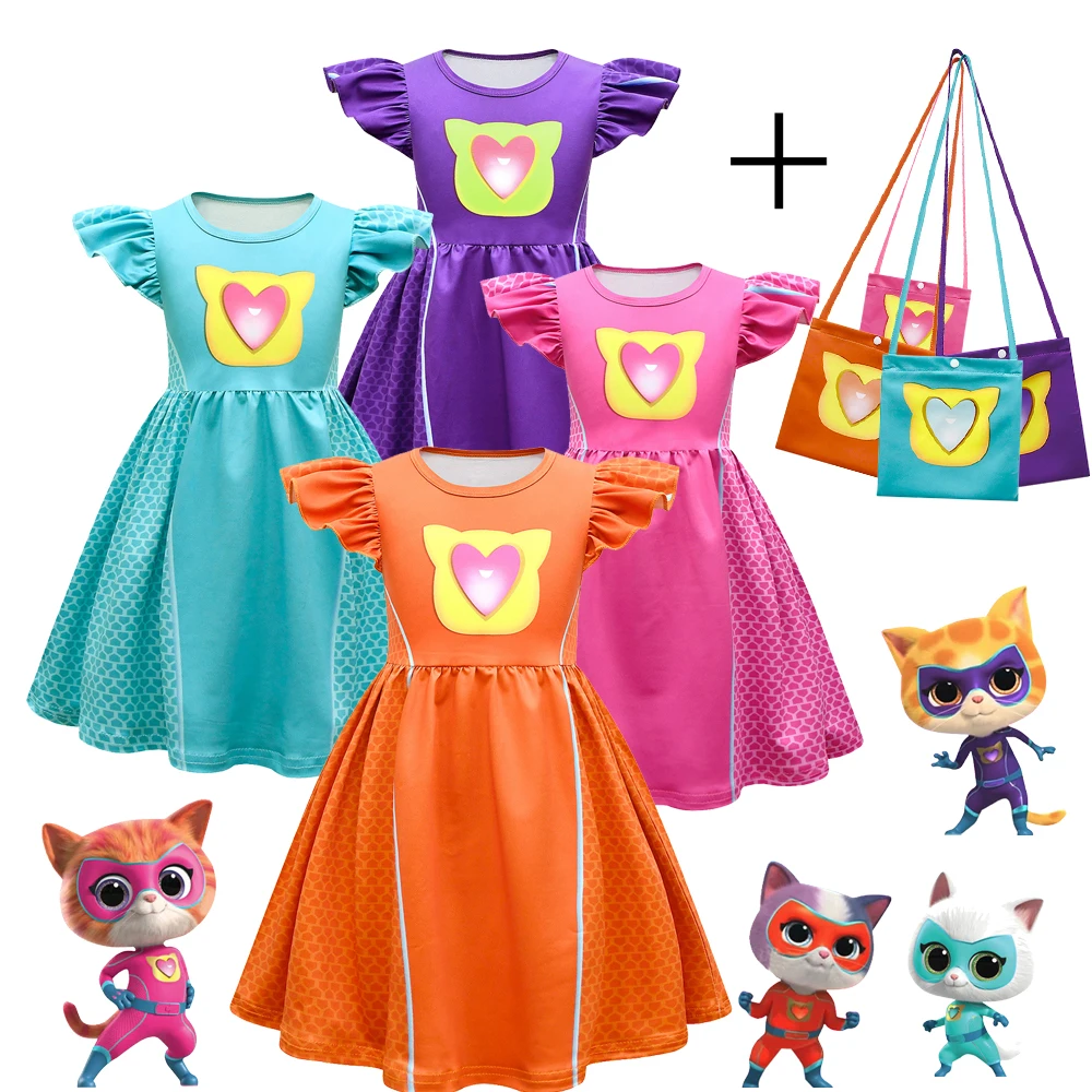 Kids Cosplay Costume Super-Kitties Girls Princess Dress+Mask Set Children Summer Short Sleeve Cartoon Cat Performance Dress Gift