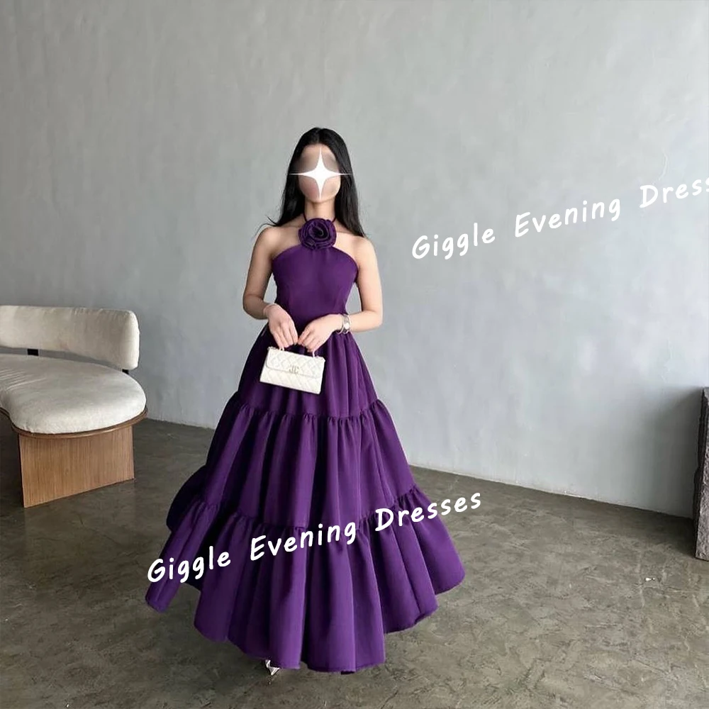 

Giggle Crepe Halter Flower Prom Gown Saudi Arab Ankle-Length Draped Elegance Fashion Formal Evening Party Dresses for Women 2024