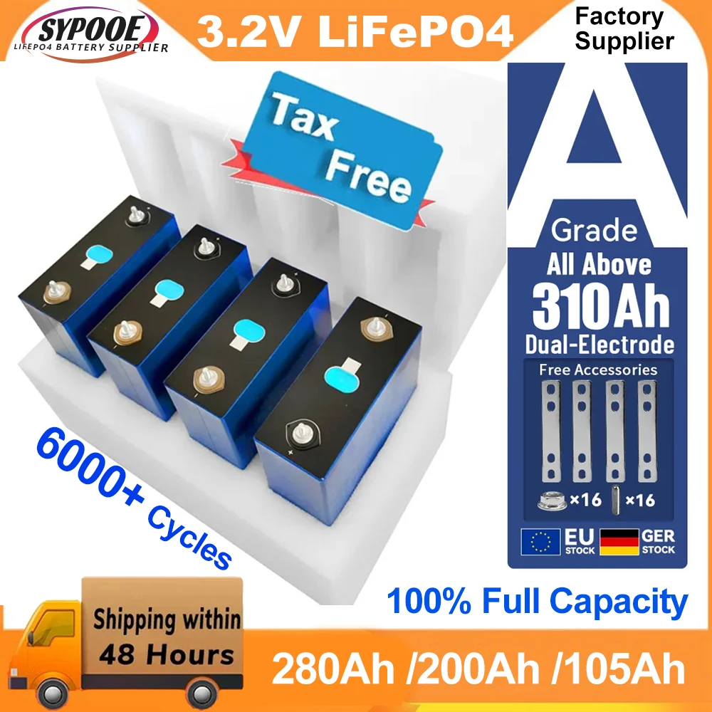 Akumulator LiFePO4 3.2V 310AH 280Ah 105Ah Grade-A, 6000+ cykli DIY 12V 24V 48V akumulator litowo-żelazowo-fosforanowy ze śrubami trzpieniowymi