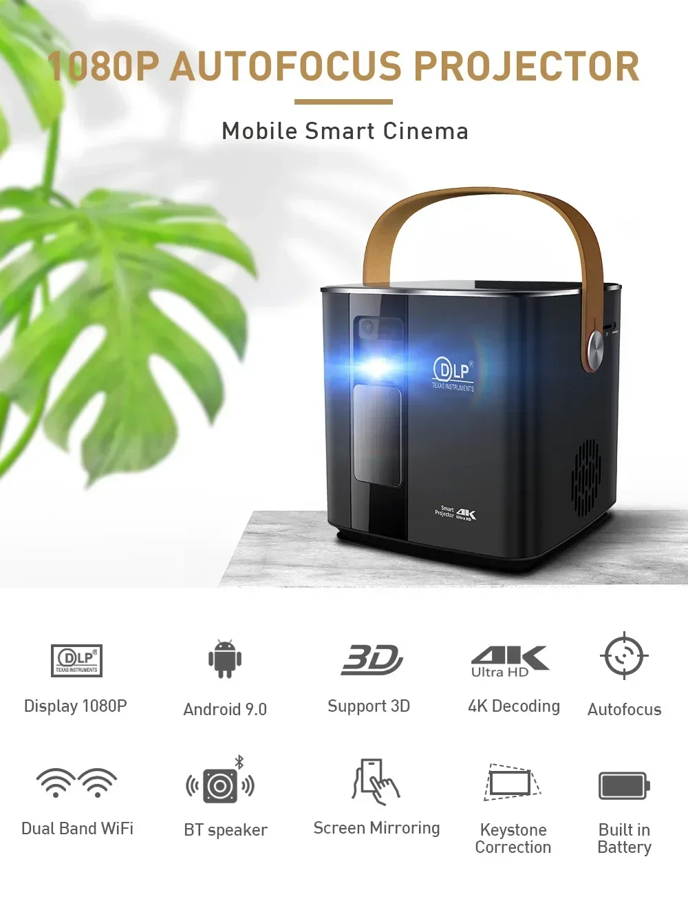 Mini 1080P Native Portable Projector Home Theater 4K 3D DLP Android Smart Car Outdoor Video Game Mobile Battery Rechargeable LED