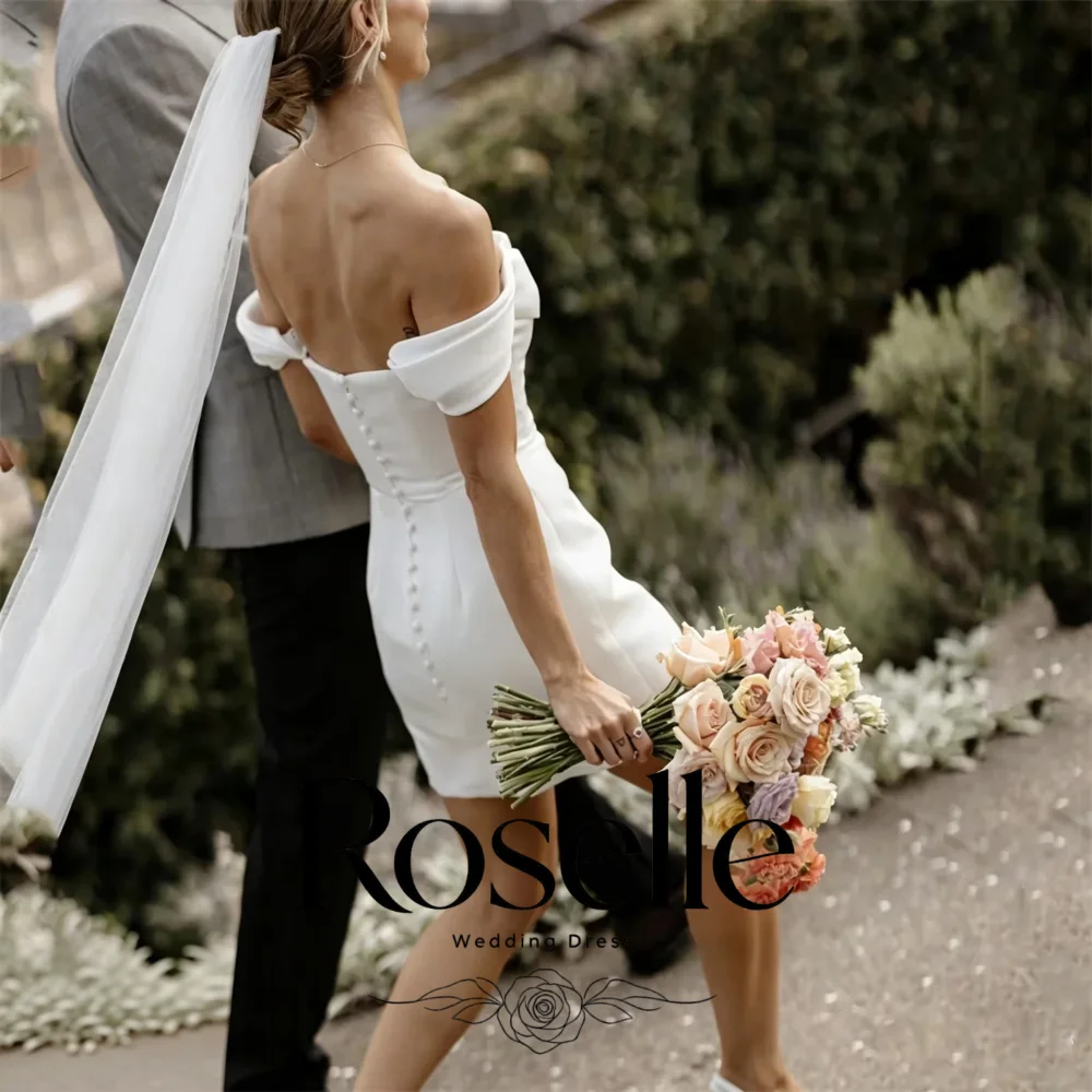 Off Shoulder Short Satin Wedding Dress Back Pearl Buttons Mini Bridal Gown Simple Civil Wedding Vestido De Novia Custom Size