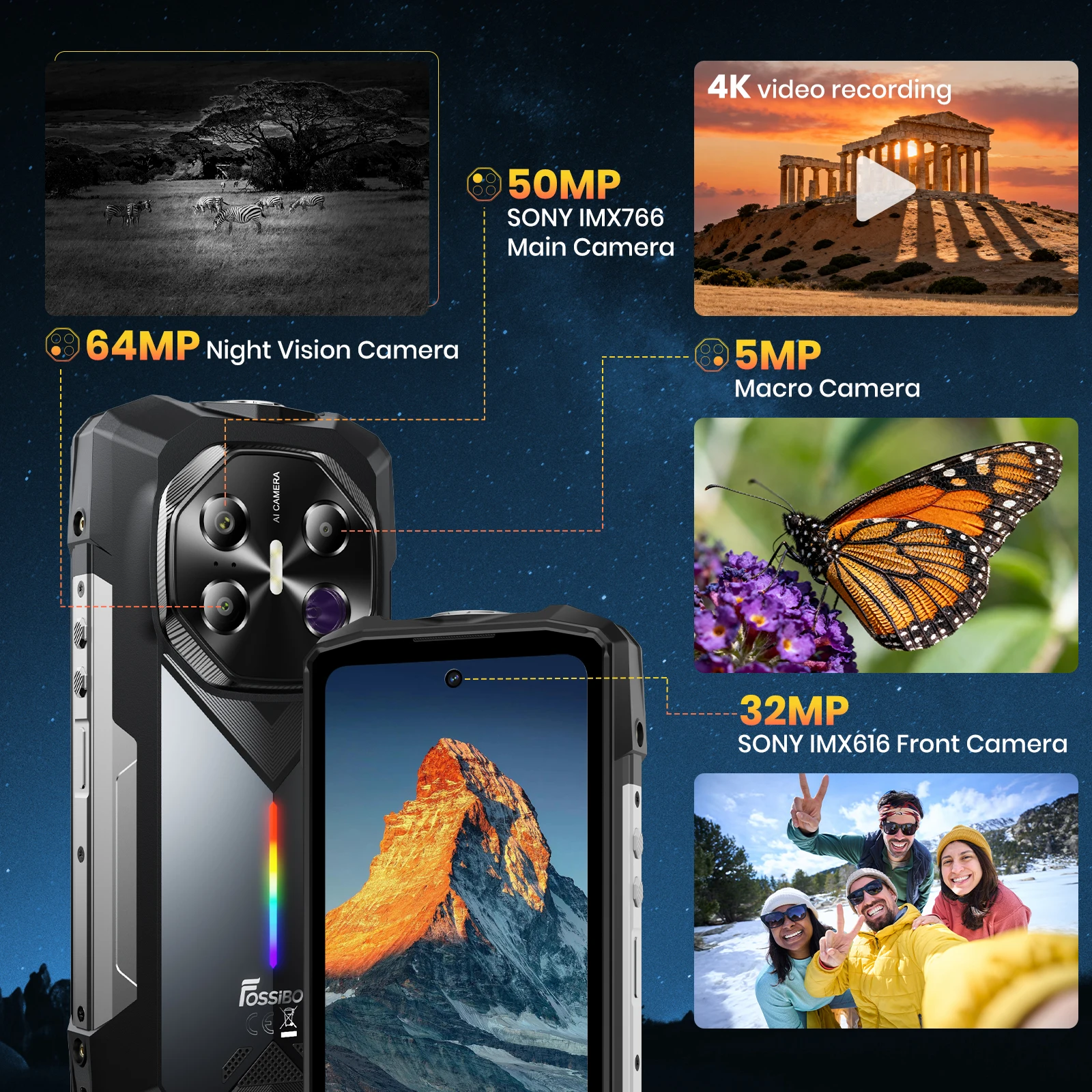 FOSSiBOT F113 Smartphone Tangguh Tanpa Kunci, RAM 36GB Penyimpanan 256GB, Baterai 20000mAh Pengisian Cepat 33W, Sistem Android, Kamera 108MP