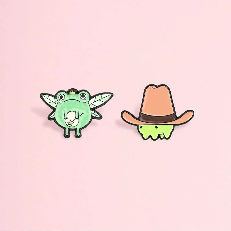Funny Frog Character Pin Set Flying Frog with Baby Cowboy Hat Frog Quirky Cartoon Brooches for Jacket School Bag Accessory