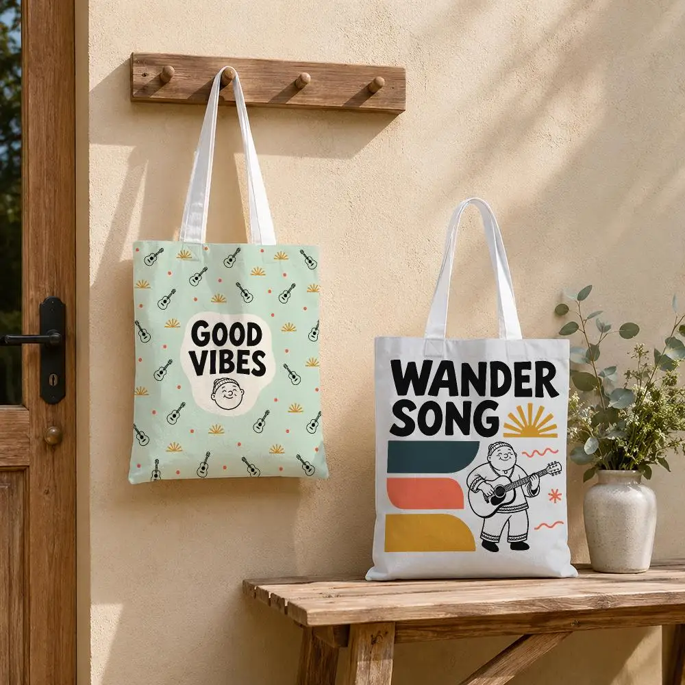 Retro Folk Guitar Good Vibes Storage Bags Tote Bag Reusable Shoulder Shopping Foldable For School Work Travel Daily Use