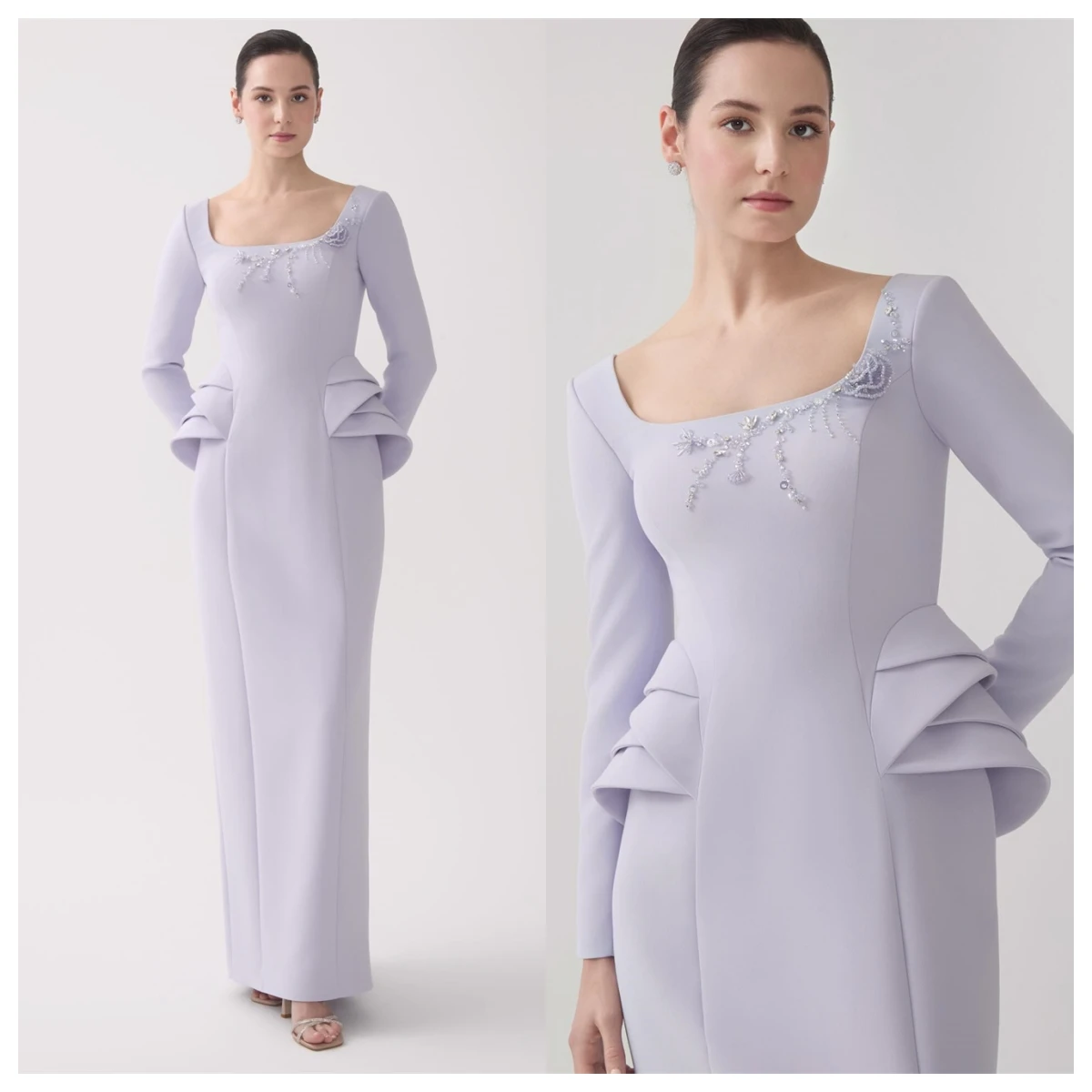 Customized Temperament Light Purple Jersey Evening Dress Square Collar Long Sleeves Celebrity Gowns Bespoke Occasion Gowns