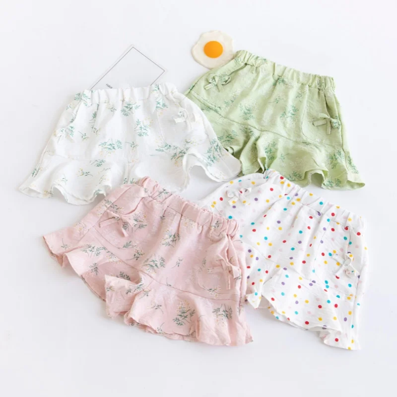 Children's Short Pant For Girls Cotton Print Kids Girl Shorts Summer Thin Sweet Pocket Bow Short Trousers 3-8T Clothing Outwear