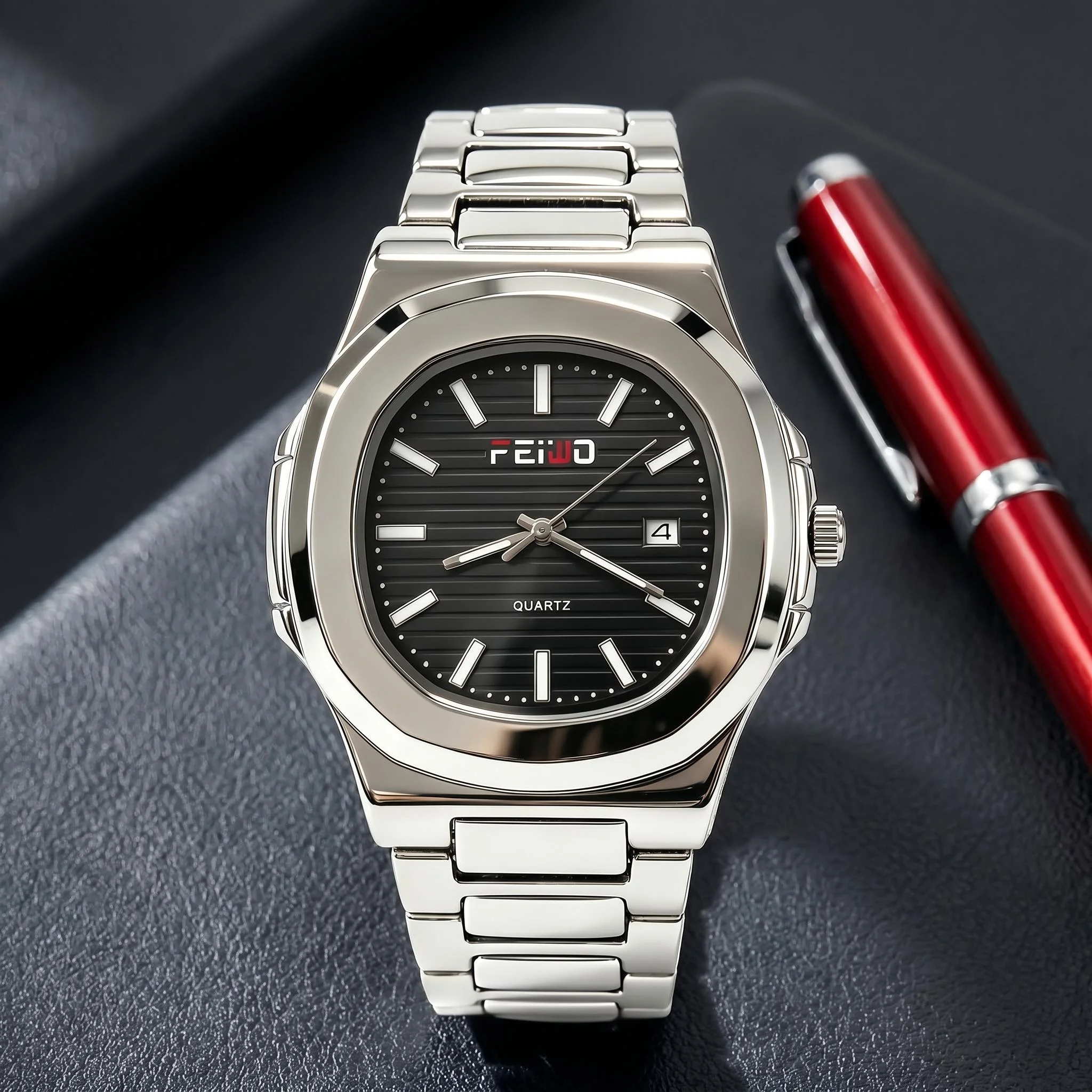 A stylish men’s business quartz watch with a sterling silver strap, exuding elegance and refinement; the ideal gift choice