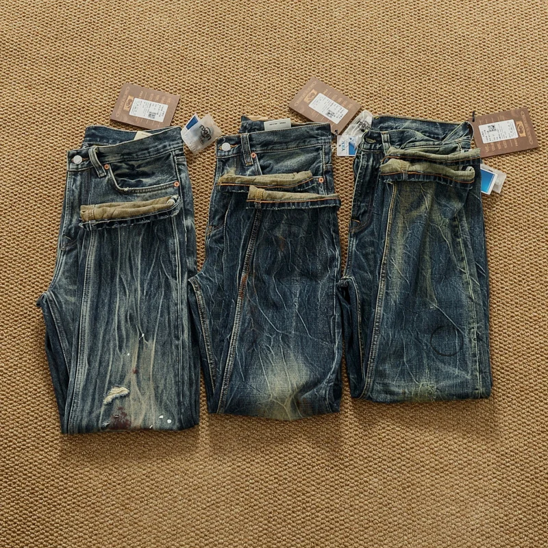 Heavy weight 2026 autumn and winter thick jeans men's distressed washed retro distressed loose pants