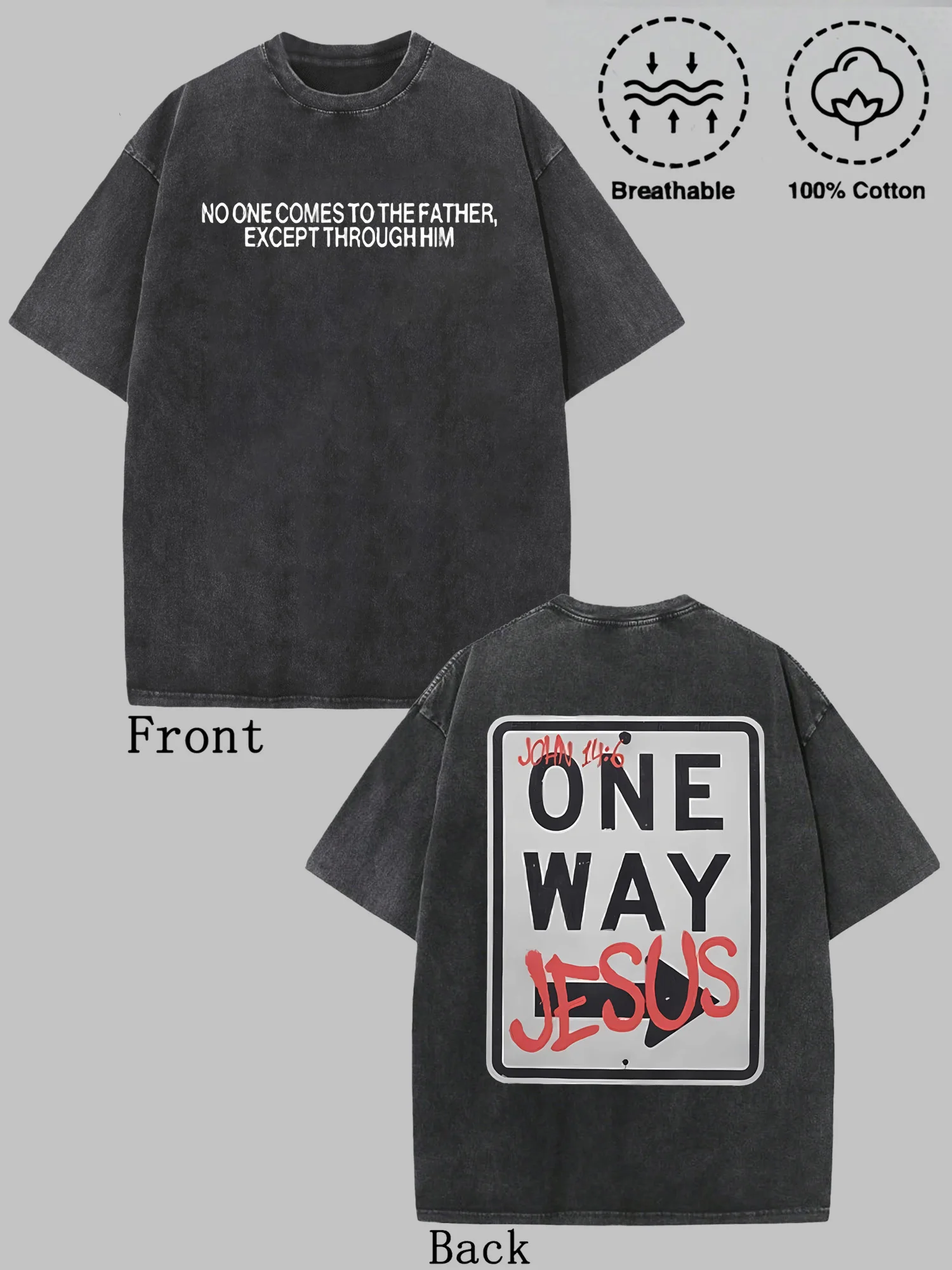

Christian "One Way Jesus" washed cotton T-shirt with Bible text and road signs, featuring vintage classic patterns.