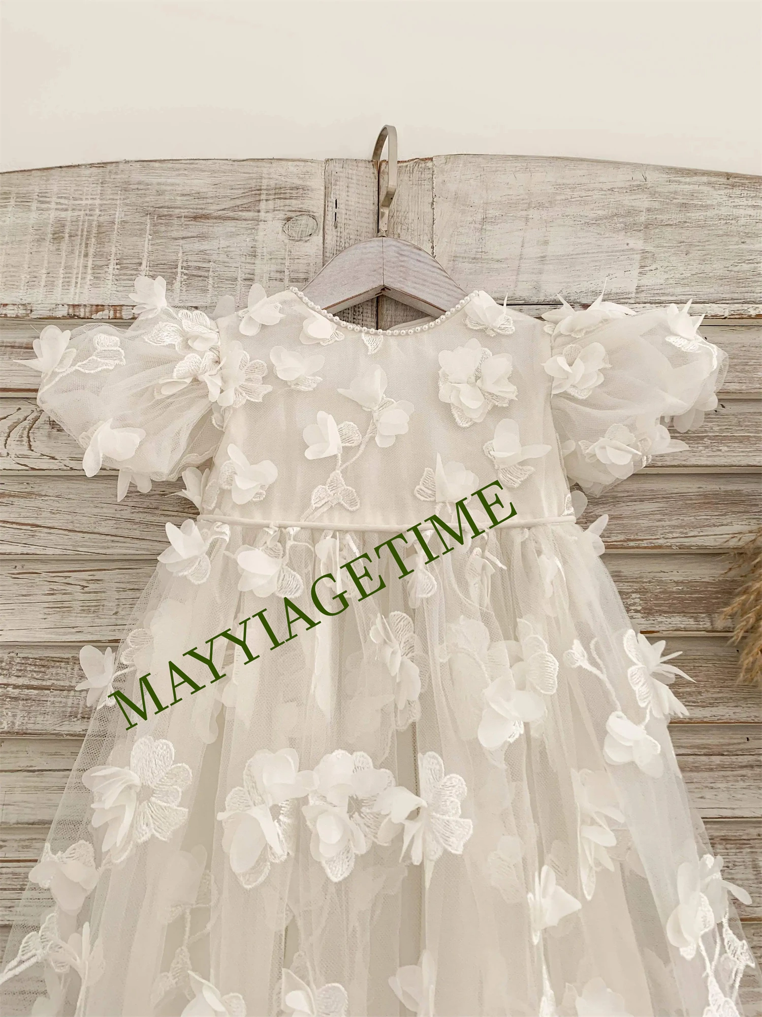 Short Sleeves 3D Lace Flower Christening Dress Baby Girl Christening Gown Set Baptism Dress Newborn Baby Dress