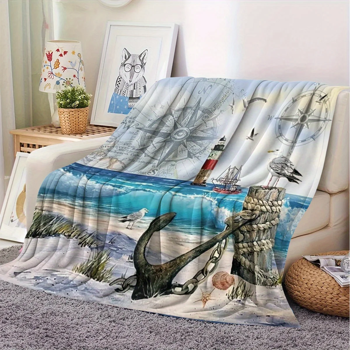 Seaside Relaxation Moment Pattern Flannel Blanket, Soft Flannel Printed Throw Blanket, Small Patterned Flannel Coverlet, Soft an