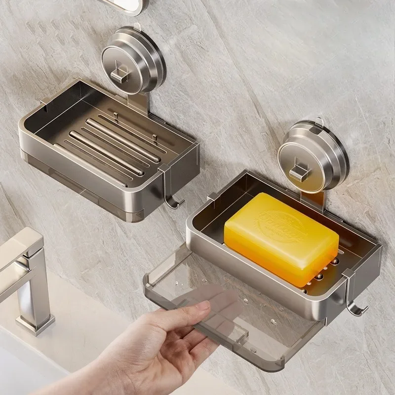 Suction Cup Bathroom Soap Dish Wall Mounted Sponge Holder Bathroom Organizer Double Drainage Soap Box Bathroom Accessories