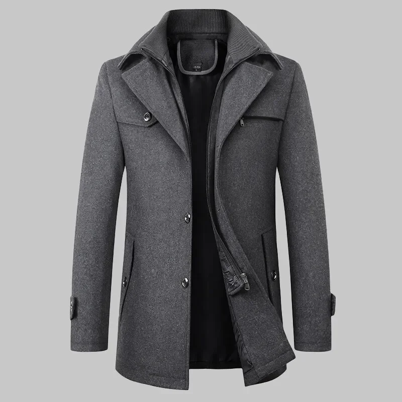 2026 High Quality Men's Wool Coat Medium Length Double Collar Winter Plus Cotton Thickened Wool Coat