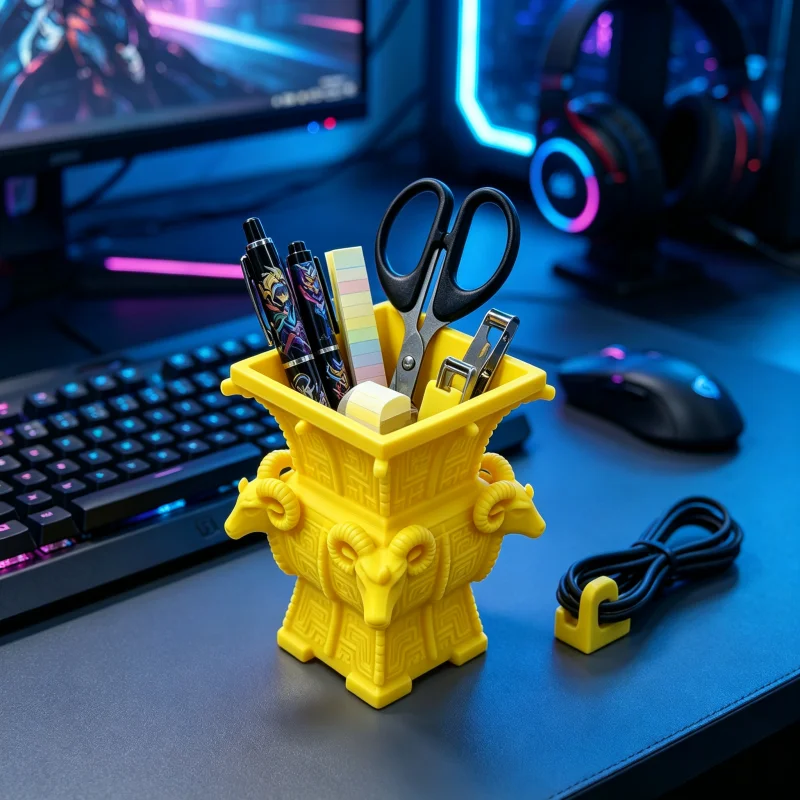 Chinese bronze replica of the Four-Winged Ram, pencil holder, Chinese cultural style ram head sculpture desktop stationery organizer, matte plastic, sturdy and lightweight makeup brush holder, large capacity to save space, new Chinese style home desktop ornament, student office stationery, a unique desktop gift for Chinese style enthusiasts