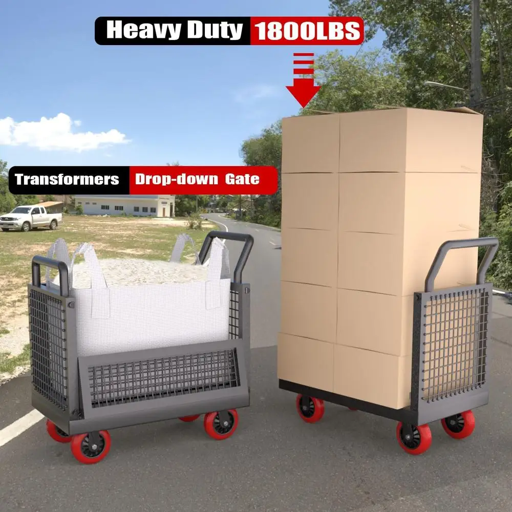 5IN1 Heavy Duty ตาข่ายกรงรถเข็น 1800lbs และ 360 ล้อหมุนอเนกประสงค์แพลตฟอร์มรถบรรทุกมือโกดังซูเปอร์มาร์เก็ต