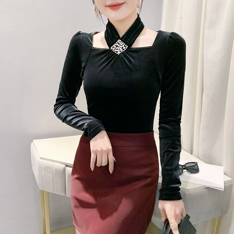 MadBlack-Women European Velvet T-Shirt, Sexy Halter Beading, Vintage Long Sleeve Slim M-3XL Knit Tee, 2026 Autumn New T68912CC