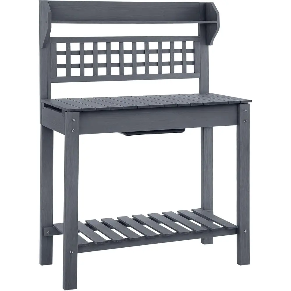 Outdoor Potting Bench Table, Wooden Workstation with Sliding Tabletop, Storage Shel and Dry Sink, or Greenhouse, Garden, Patio,