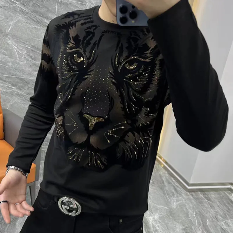 High Quality Fall New Men Long Sleeve Round Neck Underlay T-shirt Personalized Print Hot Diamond Casual Versatile Tiger Head Top