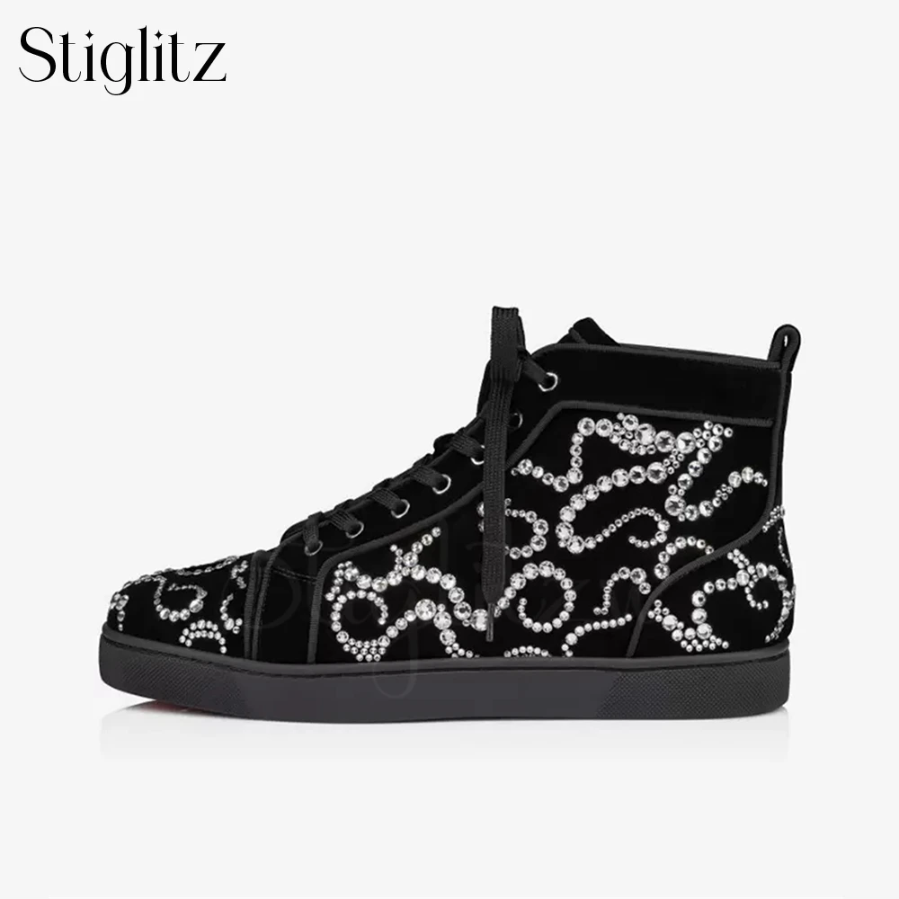 Luxury Suede Rhinestone High Top Sneakers Designer Style Handmade Casual Shoes Men Women Daliy Footwear Custom Made Multi Color