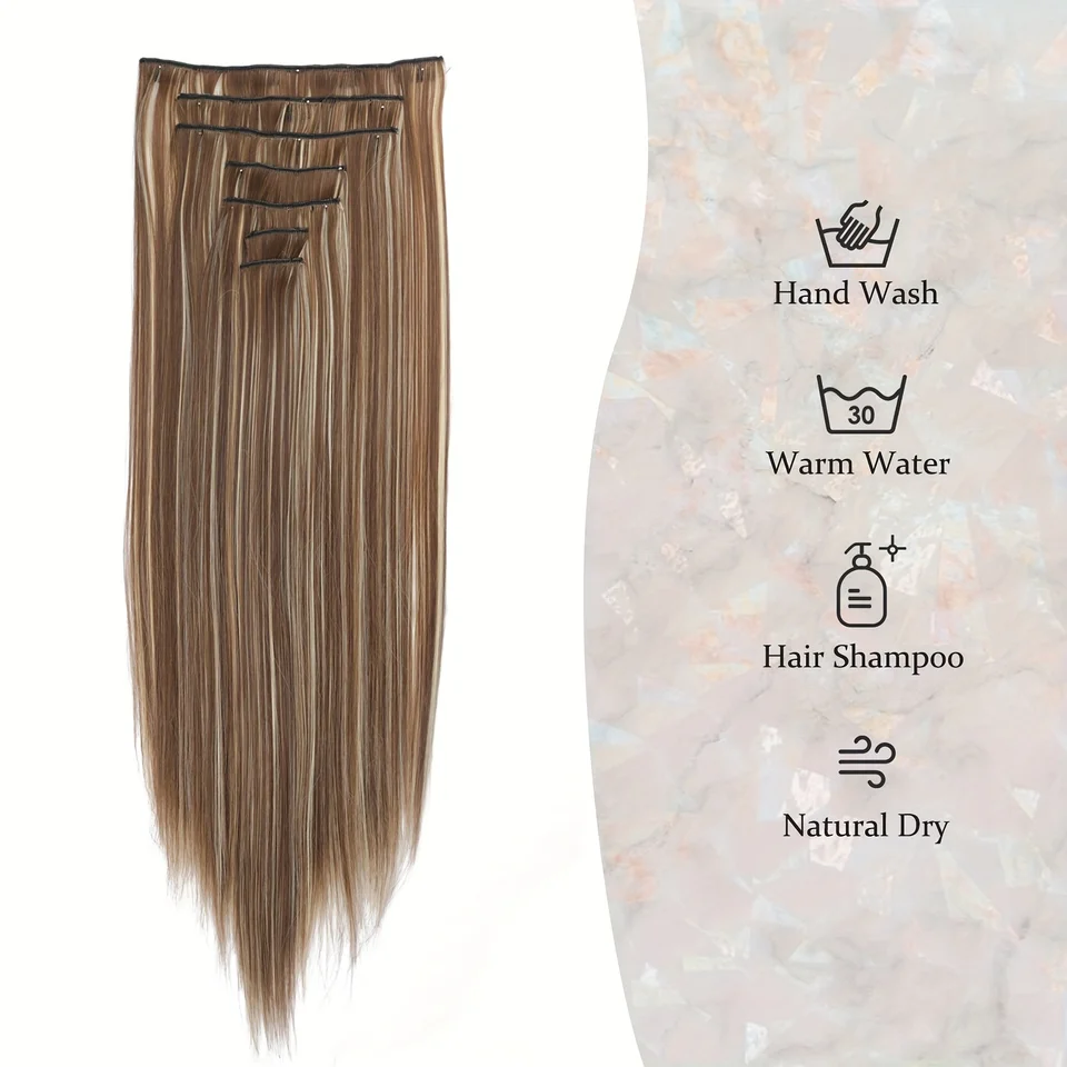 Estilo lacio largo, 16 clips, set de 7 piezas, extensiones de cabello sintético natural rubio y negro, resistente al calor para mujer 2