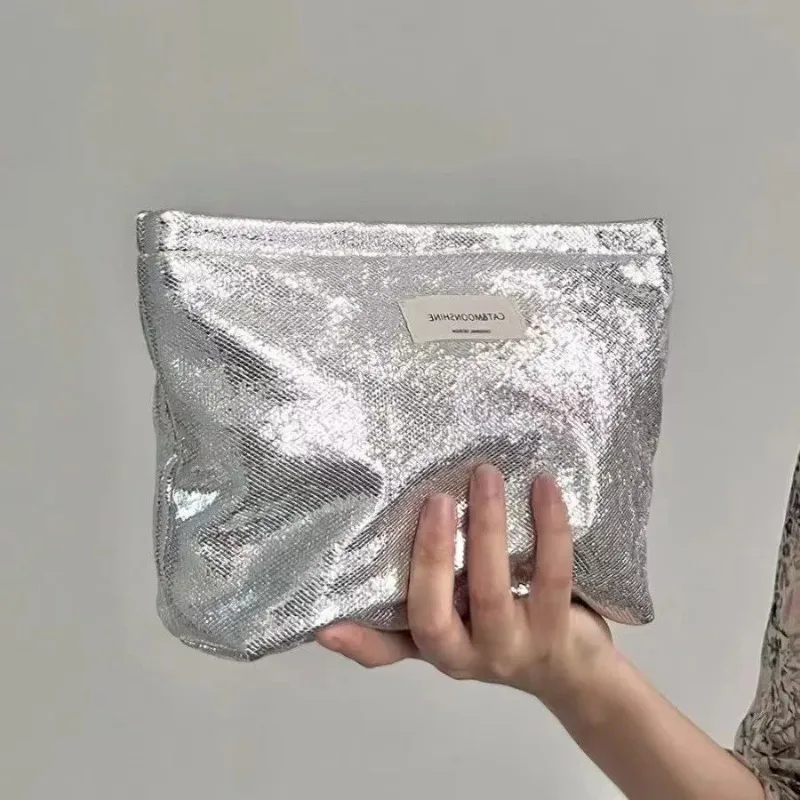 Neue glänzende Pailletten Silber Champagner Clutch Kosmetik taschen Make-up Tasche tragbare Toiletten artikel Hautpflege Aufbewahrung tasche