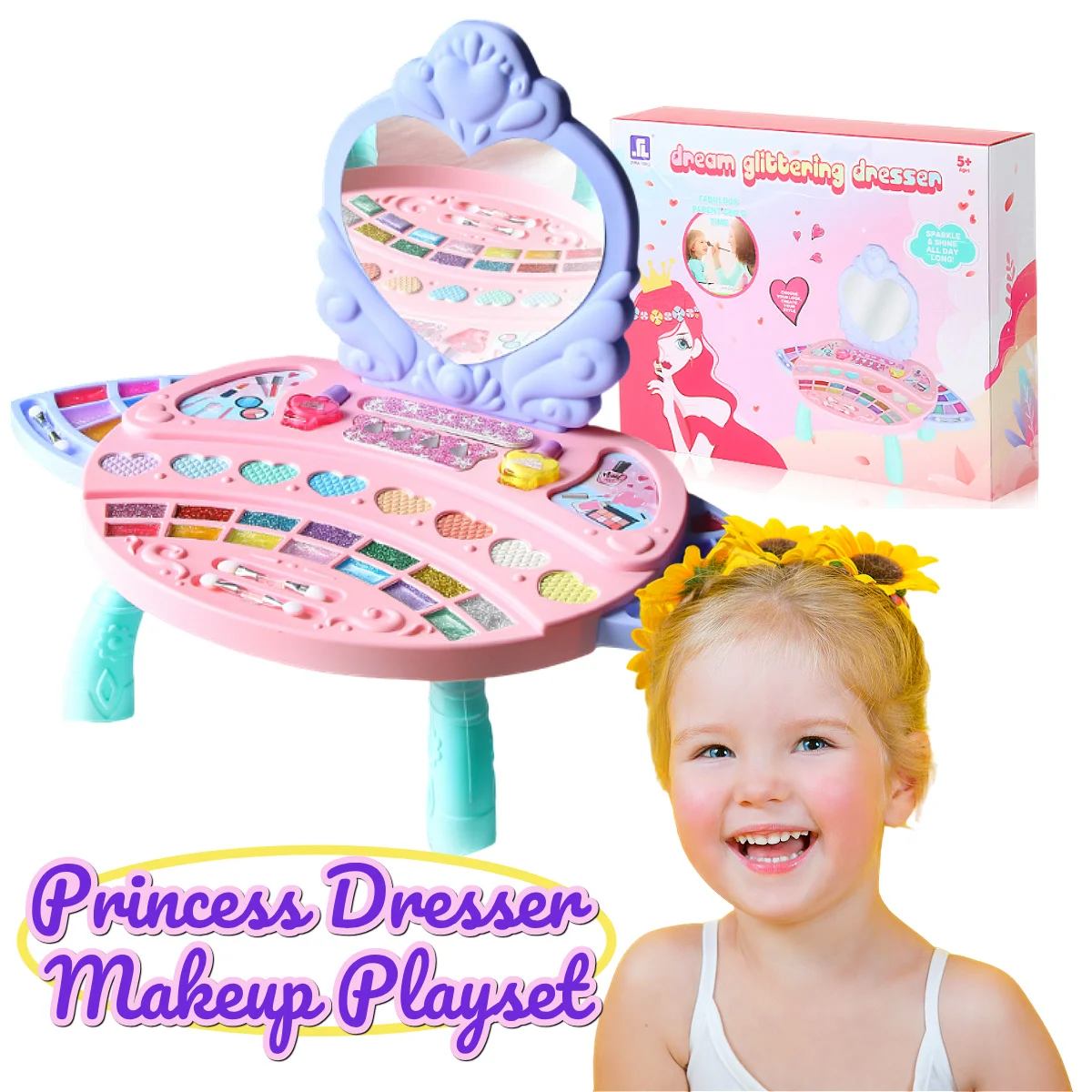 مجموعة لعب مكياج برينسيس فانيتي! مجموعة مستحضرات تجميل آمنة قابلة للغسل (طلاء أظافر، أحمر خدود، ملمع شفاه). لعبة تسريحة متعددة الوظائف. هدية مثالية