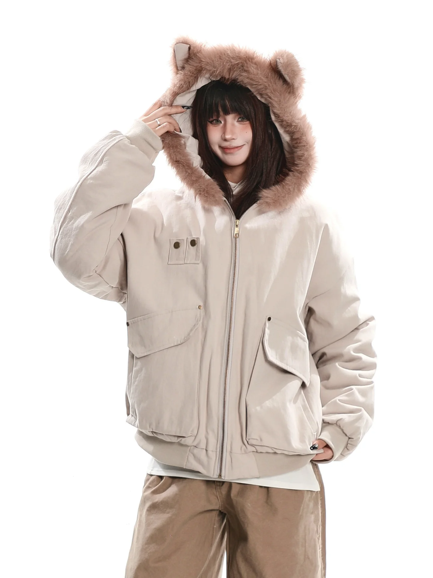 

Ретро-куртка в американском стиле с капюшоном и ушками медведя, женская зимняя теплая свободная хлопковая куртка на молнии для повседневной носки