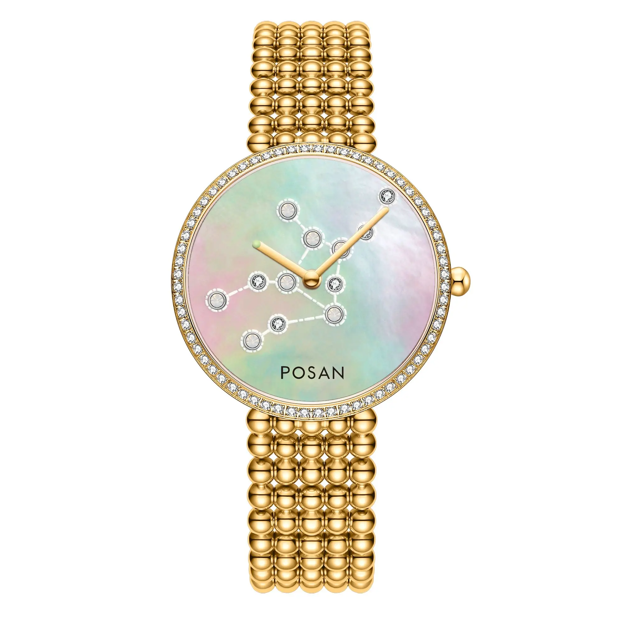 ساعة بوسان كلاسيكية كوارتز للنساء مع قشرة اللؤلؤ ومجموعة الأحجار الكريمة وسوار خرز من الفولاذ المقاوم للصدأ PSW-001C